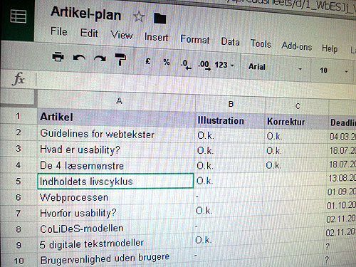 Skærmbillede af regneark med plan for udgivelse af artikler