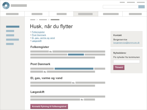 Model viser de 3 principper i Kilians model for webtekst: Orientation, Information, Action.